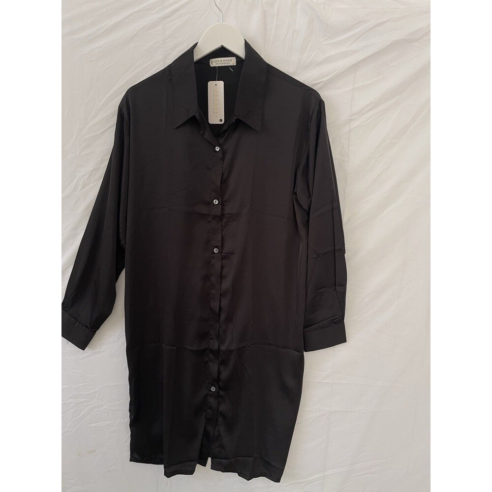 Jon & Anna Women’s Black Solid Shirt Dress 3/4 Sleeve Button-Front Short L